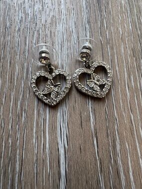 Butterfly and heart rhinestone silver tone dangle earrings